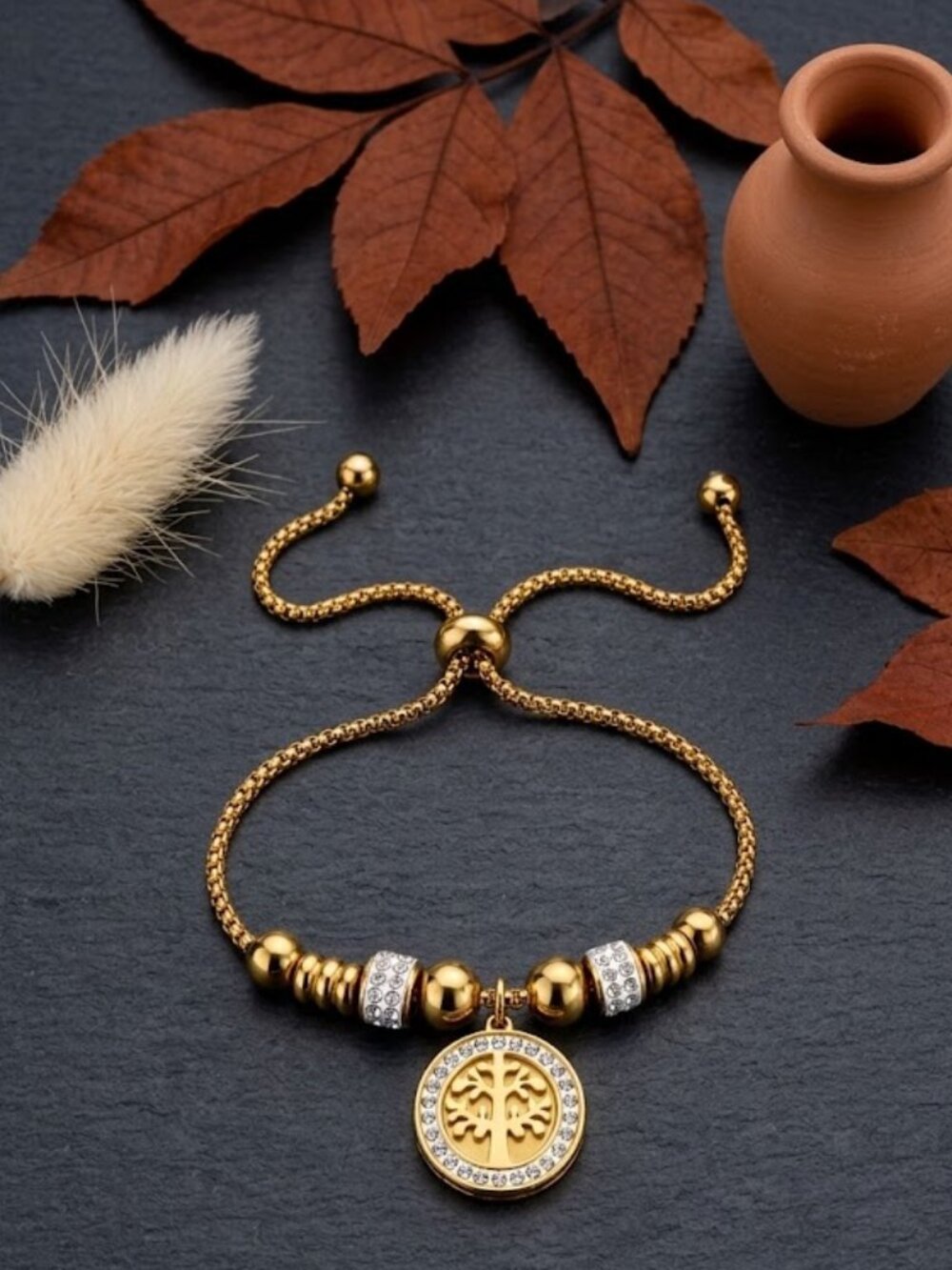 18K Gold Plated Stainless Steel Tree of Life CZ Beaded Bolo Bracelet Adj 8"
